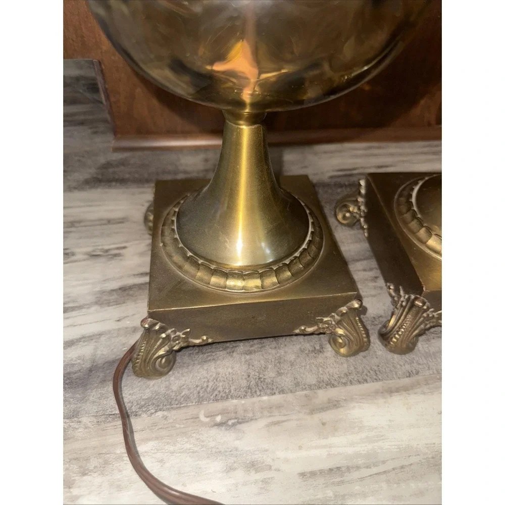 Set Of 2 Vintage Brass Table Lamps Amber Glass Globe 35